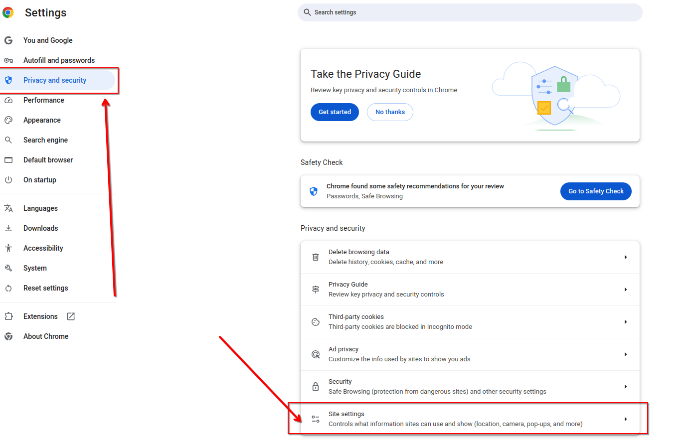 Site settings on the Chrome browser