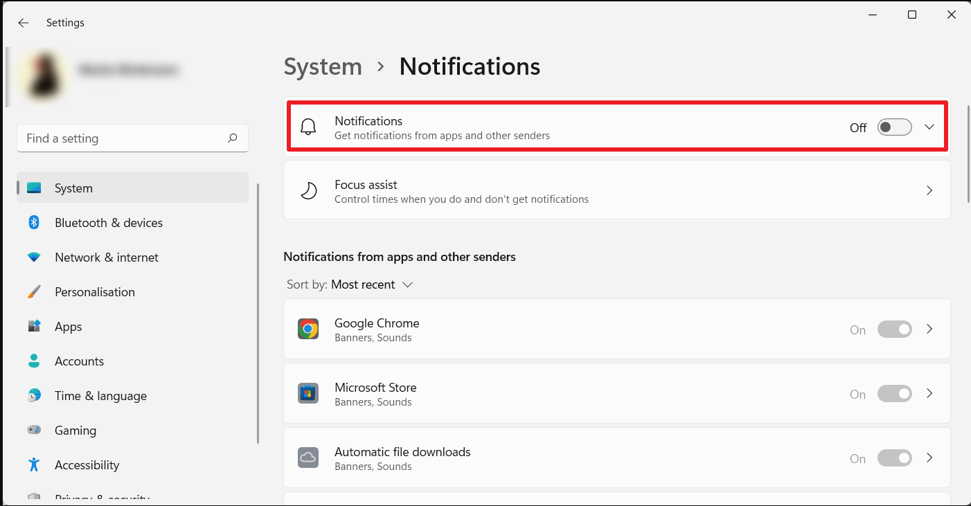 Windows notification settings showing how to disable Chrome notifications from the system.