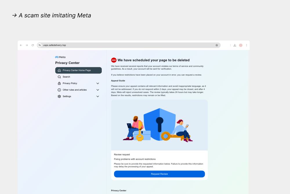A scam site imitating Meta
