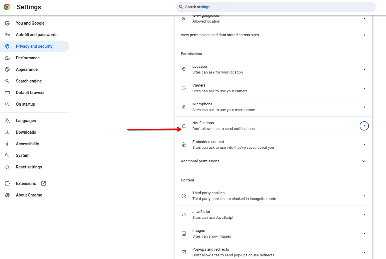 The Notifications settings in Chrome.