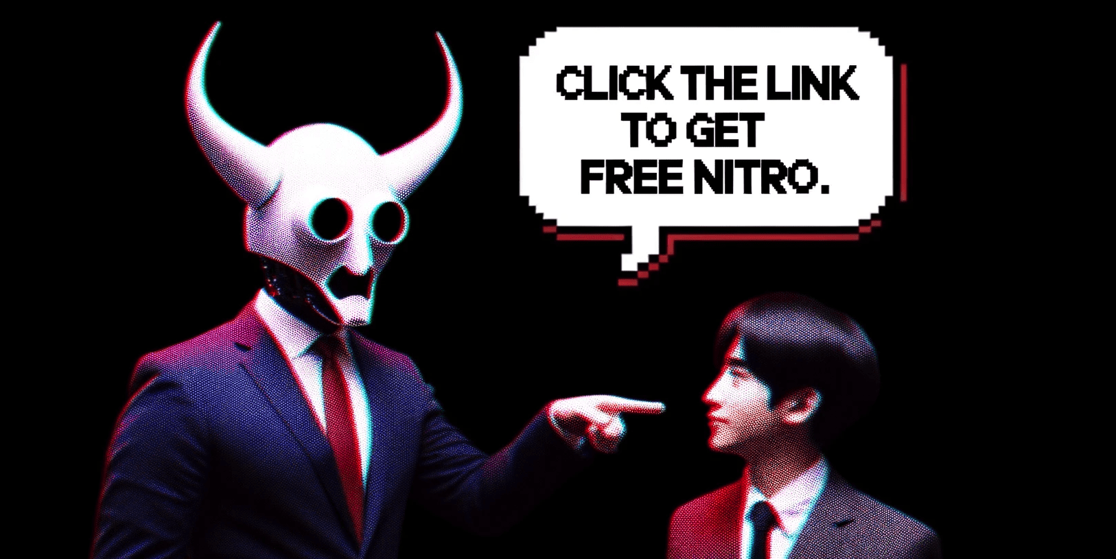 Discord chat - sends a message saying, -Click the link to get free Nitro