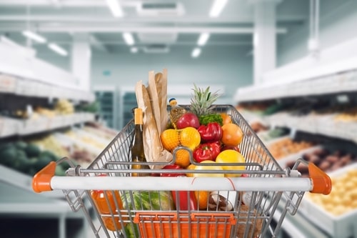 Shopping cart full of groceries