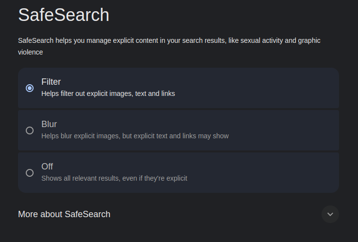 Safe Search settings in Google