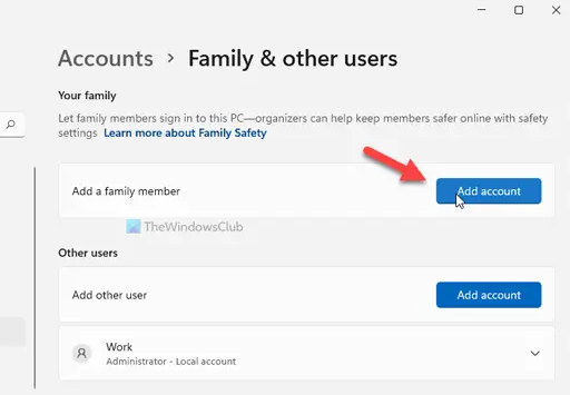 Family & other users settings in Microsoft account pag