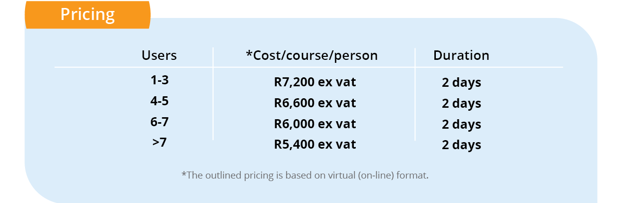 Tableau training course Explorer: Pricing
Users *Cost/course/person Duration
R7,200 ex vat
R6,600 ex vat
R6,000 ex vat
R5,400 ex vat
2 days
2 days
2 days
2 days