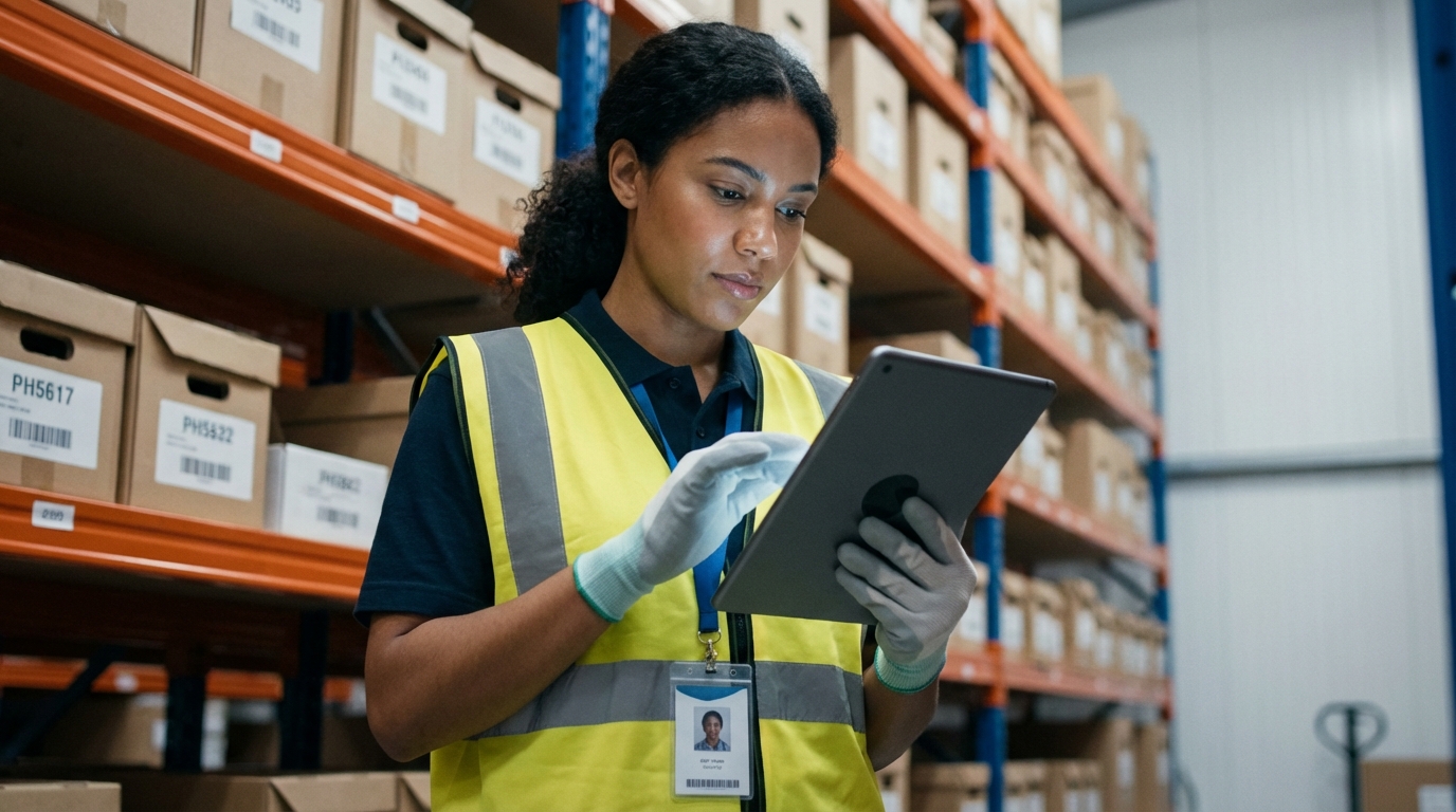 mulher trabalhando em logística de uma empresa com tablet na mão