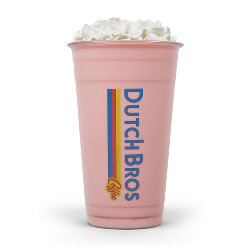 Pink Dutch Bros coffee cup topped with whipped cream, featuring blue logo with rainbow stripe on the side