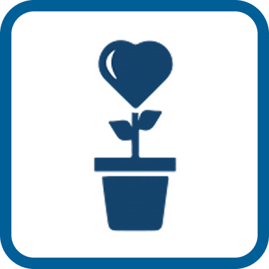 Blue icon of a heart-shaped plant growing in a pot, symbolizing care, growth, and nurturing.