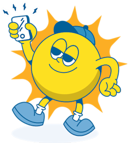 Cartoon sun character with a grumpy expression, blue shoes, and a raised fist with lightning bolts above.