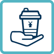 A hand holding a takeaway coffee cup with a small windmill icon, outlined in teal blue against a light background.