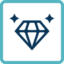 A stylized dark blue diamond icon with sparkles above it, set against a turquoise square background.