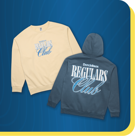 Cream sweatshirt and blue hoodie with "DutchBros REGULARS Club" logo displayed against blue background.