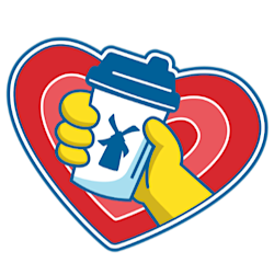 Yellow gloved hands holding a blue and white coffee cup against a red heart-shaped background.
