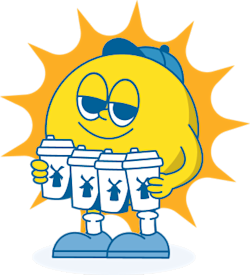 Sleepy cartoon sun character holding multiple coffee cups while wearing blue shoes and a cap.