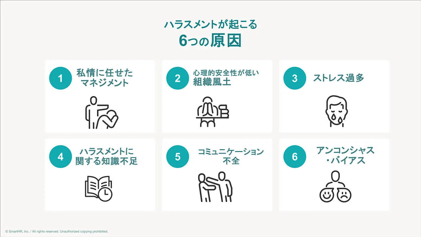 ハラスメントが起こる6つの原因（私情マネジメント、心理的安全性の低さ、ストレス過多、知識不足、コミュニケーション不全、アンコンシャスバイアス）
