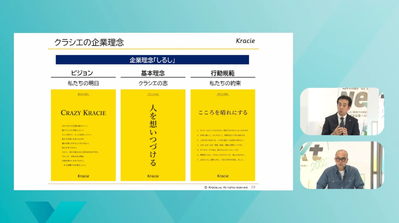 「クラシエの企業理念」を説明する岩倉さん、安田さん