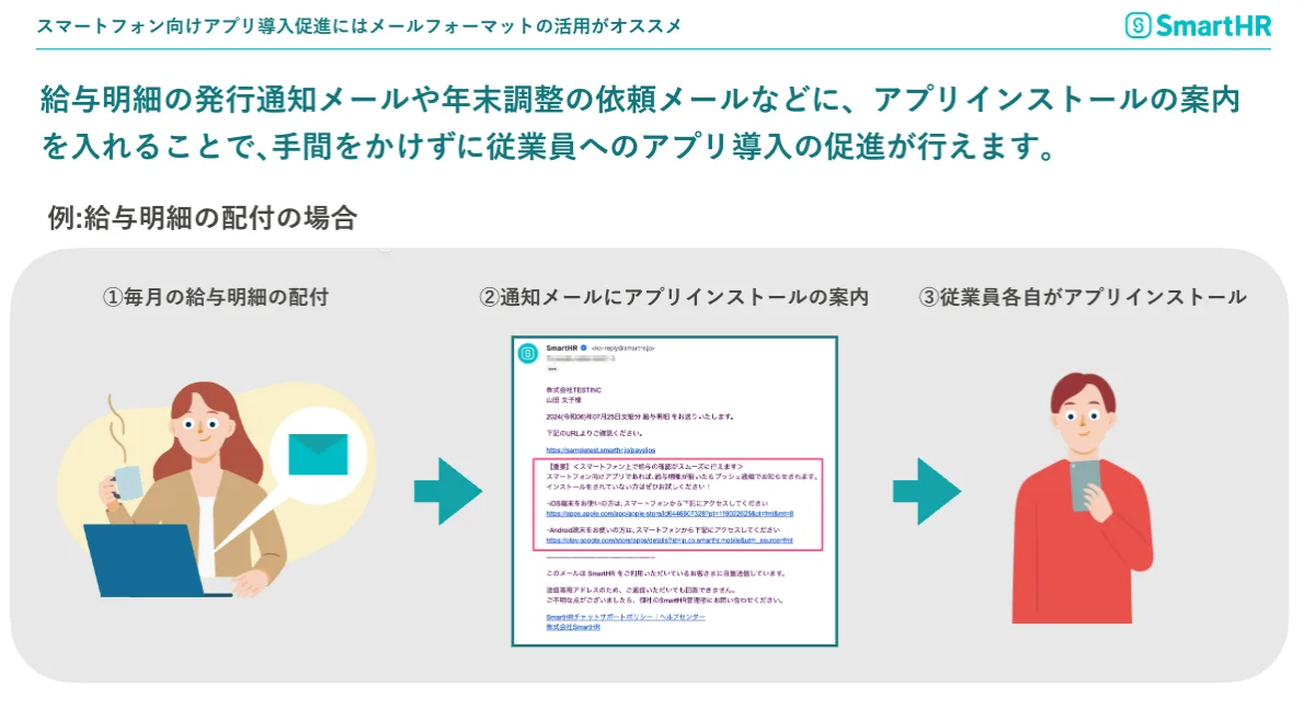 給与明細の発行通知メールや年末調整の依頼メールなどに、アプリインストールの案内を入れることで、手間をかけずに従業員へのアプリ導入の促進が行えます。