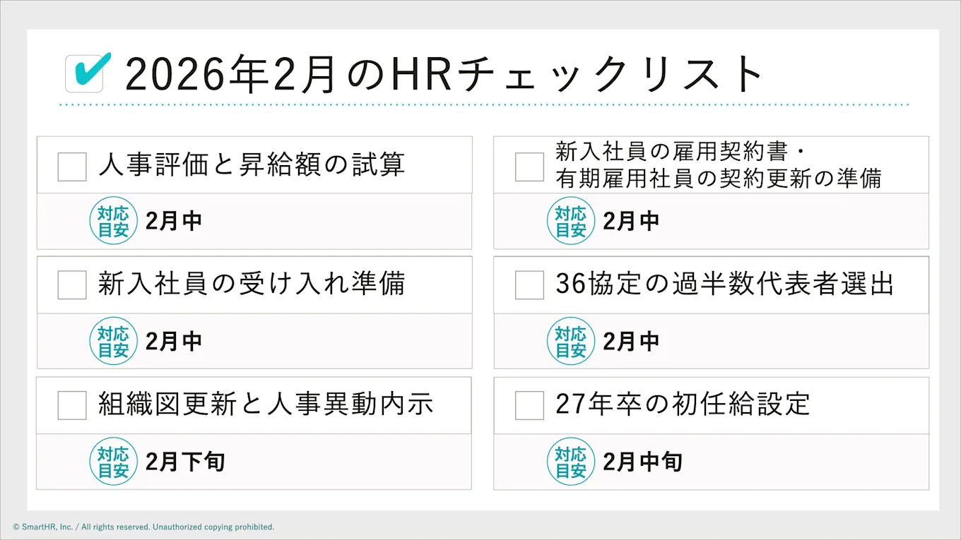 2026年2月度の人事労務スケジュール。人事評価・昇給試算、入社準備、36協定代表選出、有期雇用契約更新、組織図変更と異動内示、2027年卒初任給策定などのToDoリスト。SmartHR提供のチェックリストフォーマット。