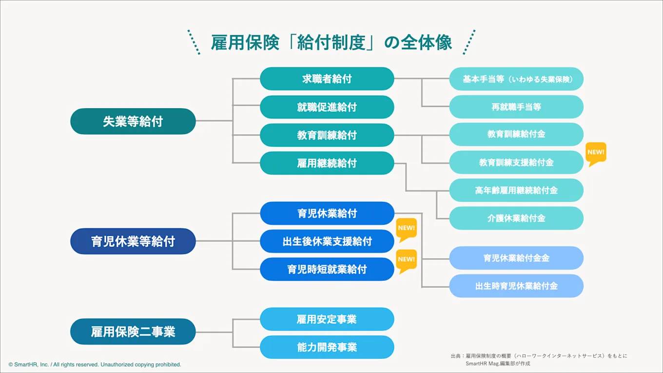 雇用保険の給付は、大きく「失業等給付」と「育児休業等給付」にわかれます。失業等給付は失業時の生活を安定させ、早期に再就職をうながすための制度です。 一方、育児休業等給付は、育児による休業や短時間勤務をした場合の収入を補填します。