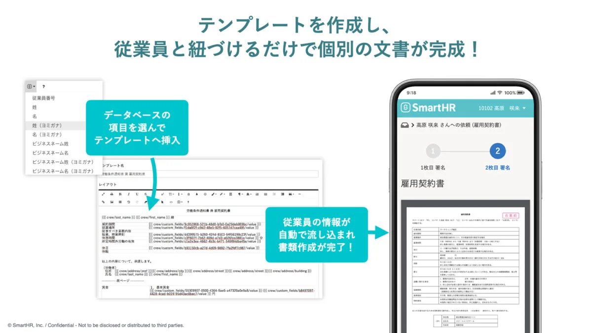 テンプレートを作成し、従業員と紐づけるだけで個別の文書が完成