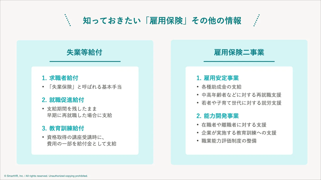 雇用保険にはほかにも押さえておくべき給付金や制度がいくつかあります。失業等給付、雇用保険二事業の内容を紹介します。
