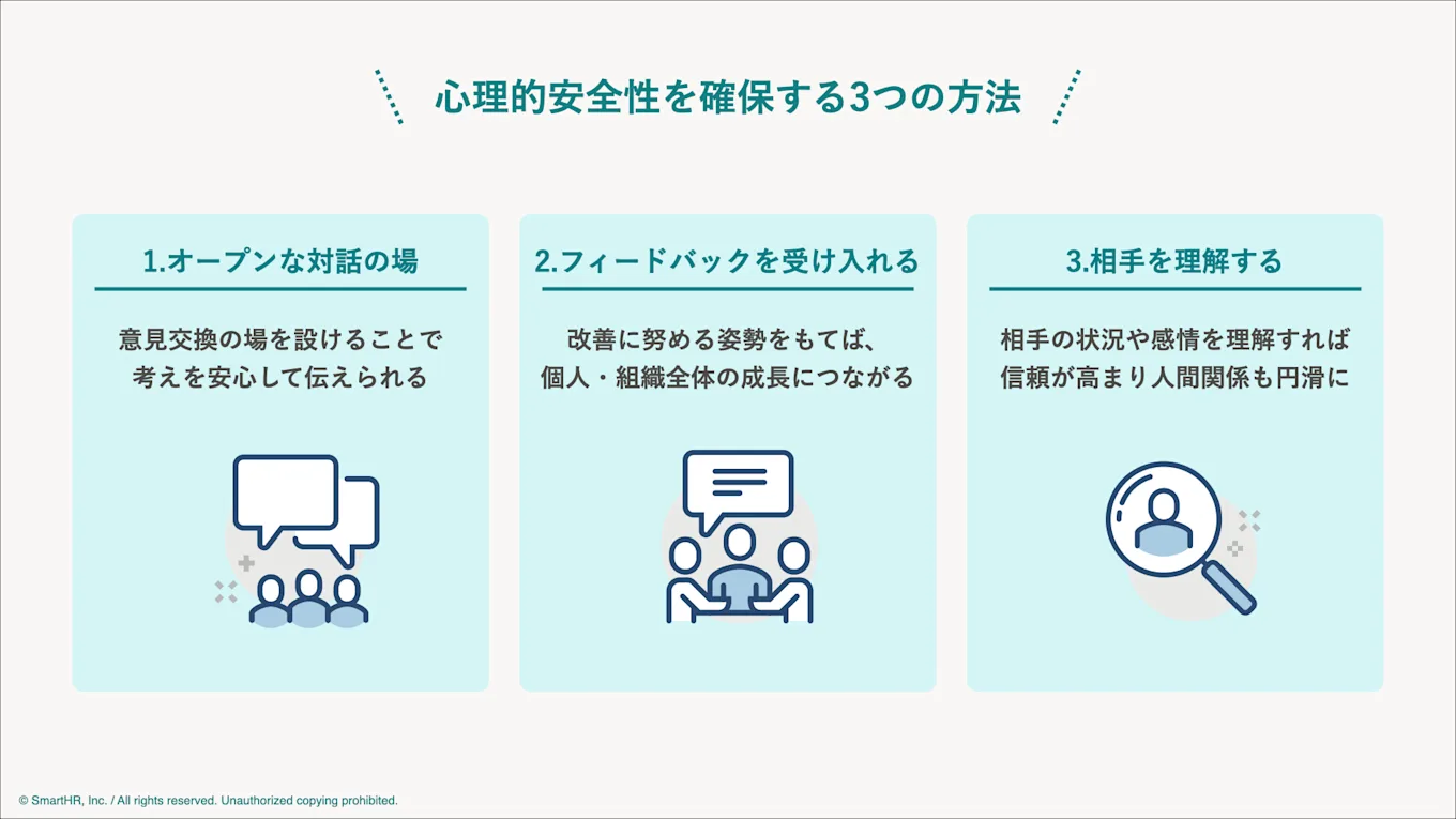 心理的安全性を確保する方法には「オープンな対話の場をつくる」「フィードバックを受け入れる」「相手を理解する」の3つが挙げられる