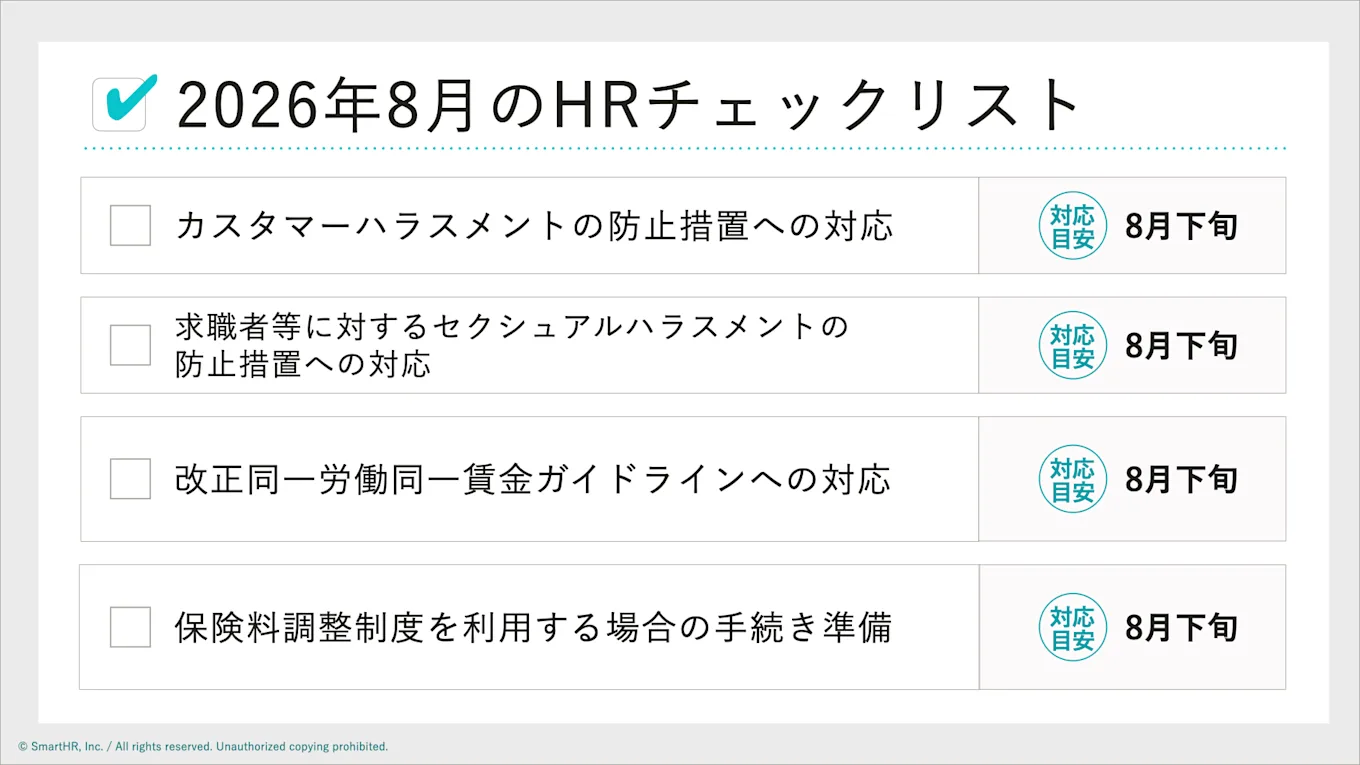 以下、本文で紹介する見出しをまとめた図(カスハラ防止措置への対応、就活セクハラ防止措置への対応、同一労働同一賃金ガイドライン改正、保険料調整制度を利用する場合の手続き)