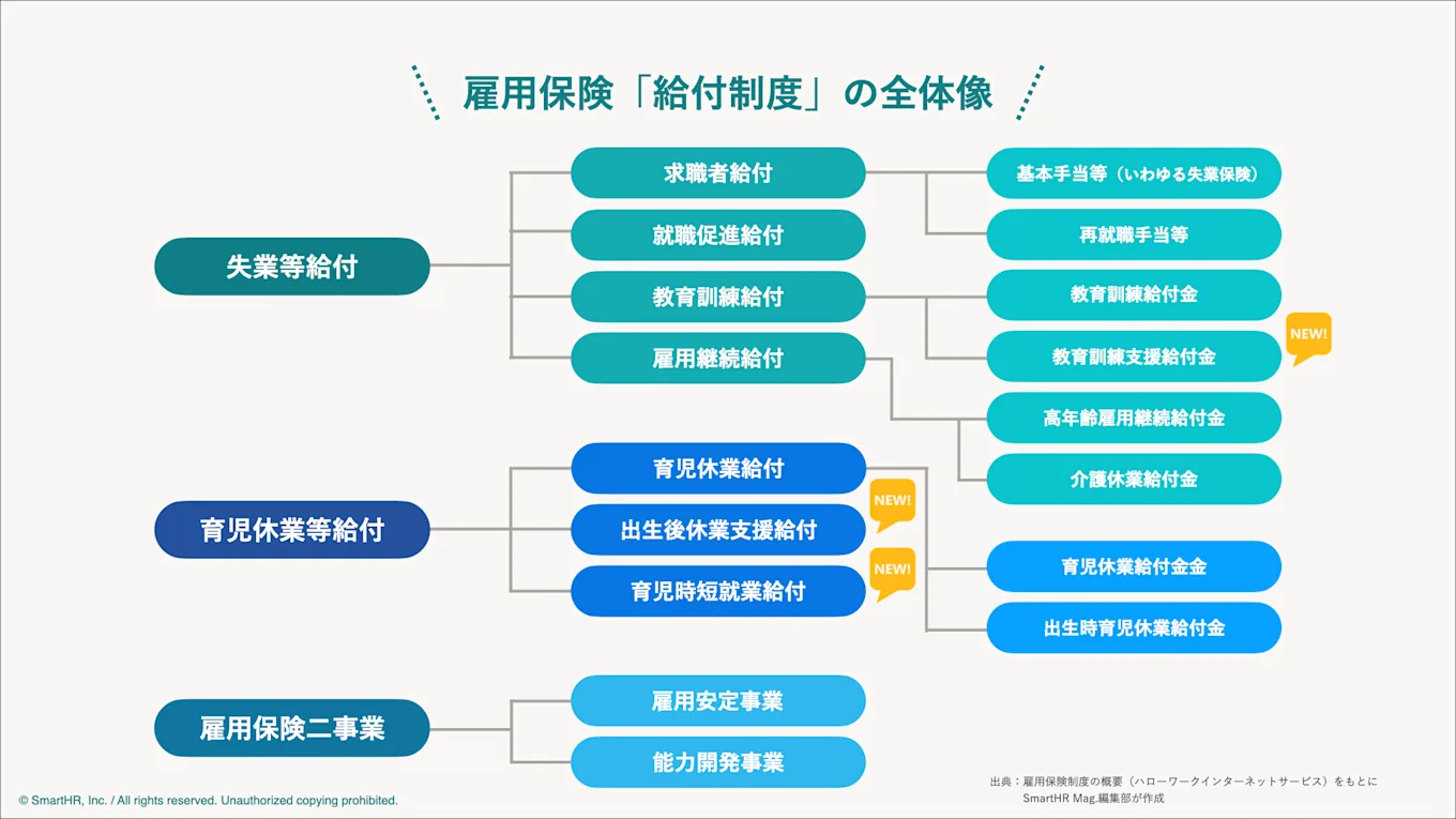 失業時だけでなく、在職中のスキルアップや育児・介護など、状況に応じて様々な給付が細かく分類されています。ご自身が活用できる制度がないか、全体像から確認してみましょう。