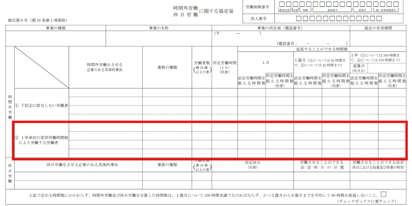 「時間外労働をさせる必要のある具体的事由」「業務の種類」「労働者数」「延長することができる時間数」などの記載欄も、1年単位の変形労働時間制の場合のみ、別の箇所に設けられています。