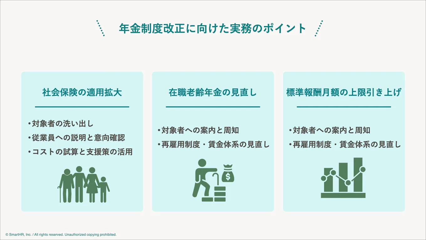 影響が大きい「社会保険の適用拡大」「在職老齢年金の見直し」「標準報酬月額の上限引き上げ」の3点について、実務対応を整理しました。