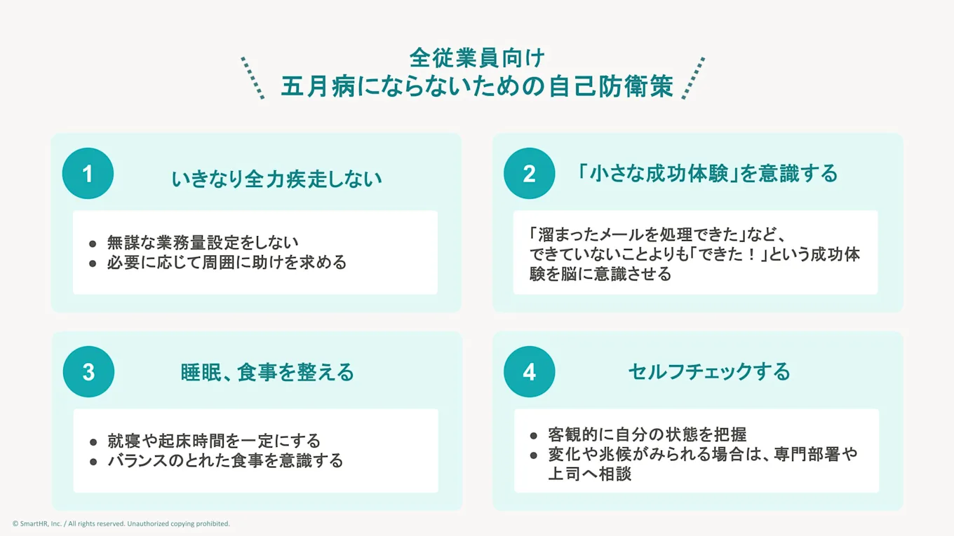 全従業員向けの五月病自己防衛策。いきなり全力疾走しない、小さな成功体験を意識する、睡眠・食事を整える、セルフチェックをするの4つのポイント。
