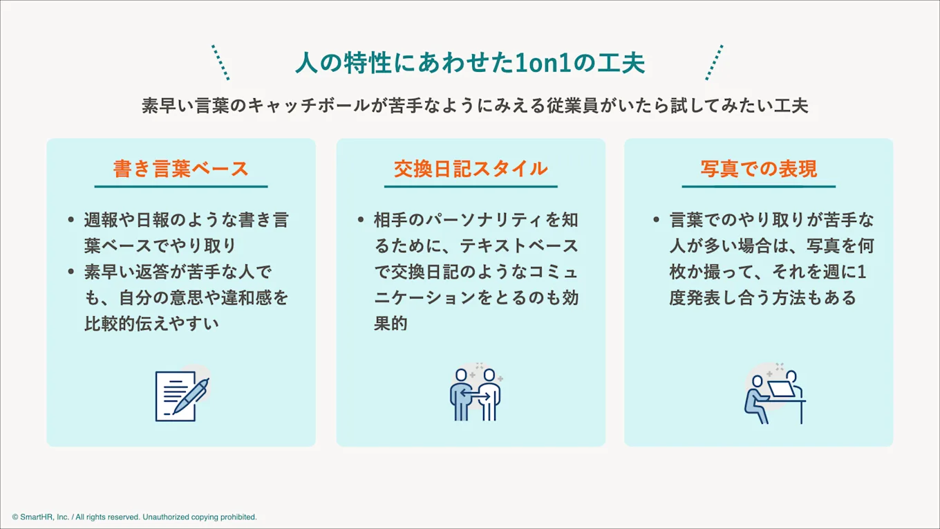 人の特性にあわせた1on1の工夫を説明する図解