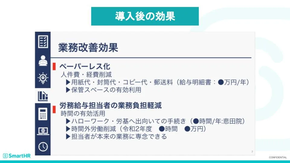 ペーパーレス化で人件費・経費削減、給与担当者の業務負担削減で時間の有効活用が可能になるなどの業務改善効果が導入後に見込める