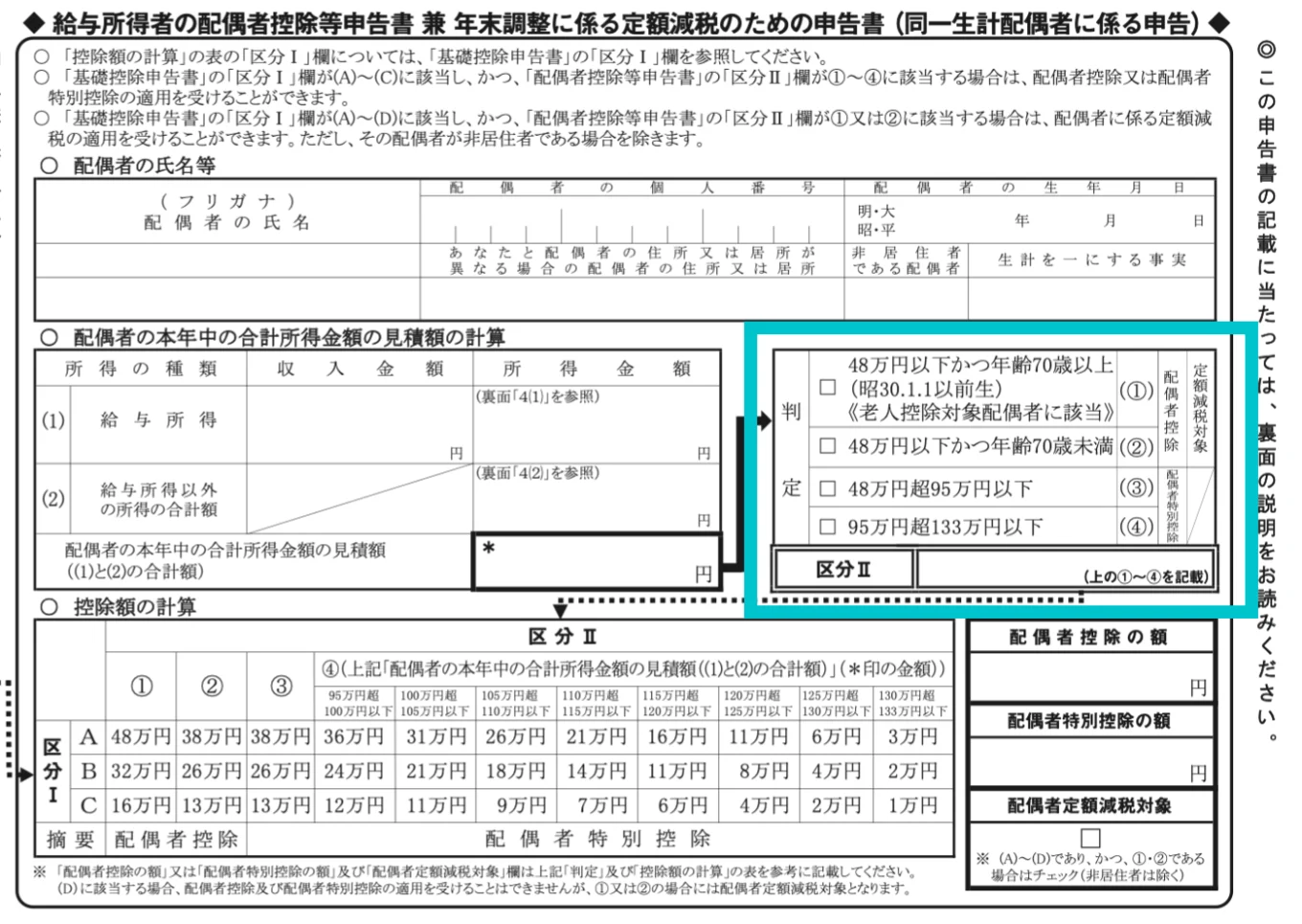 合計所得金額の見積額を右側の「判定」にあてはめ、①②に該当すれば配偶者控除、③④に該当すれば、いずれかの数字を記入します