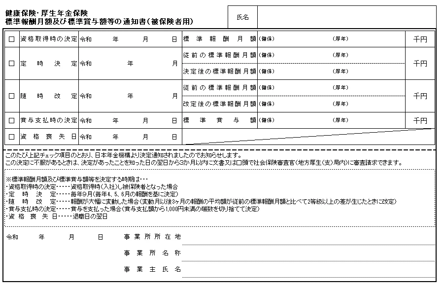 標準報酬月額の通知様式