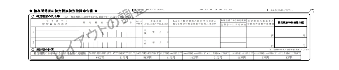給与所得者の特定親族特別控除申告書の見本