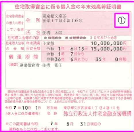 住宅金融支援機構が発行した「住宅取得資金に係る借入金の年末残高等証明書」の見本画像