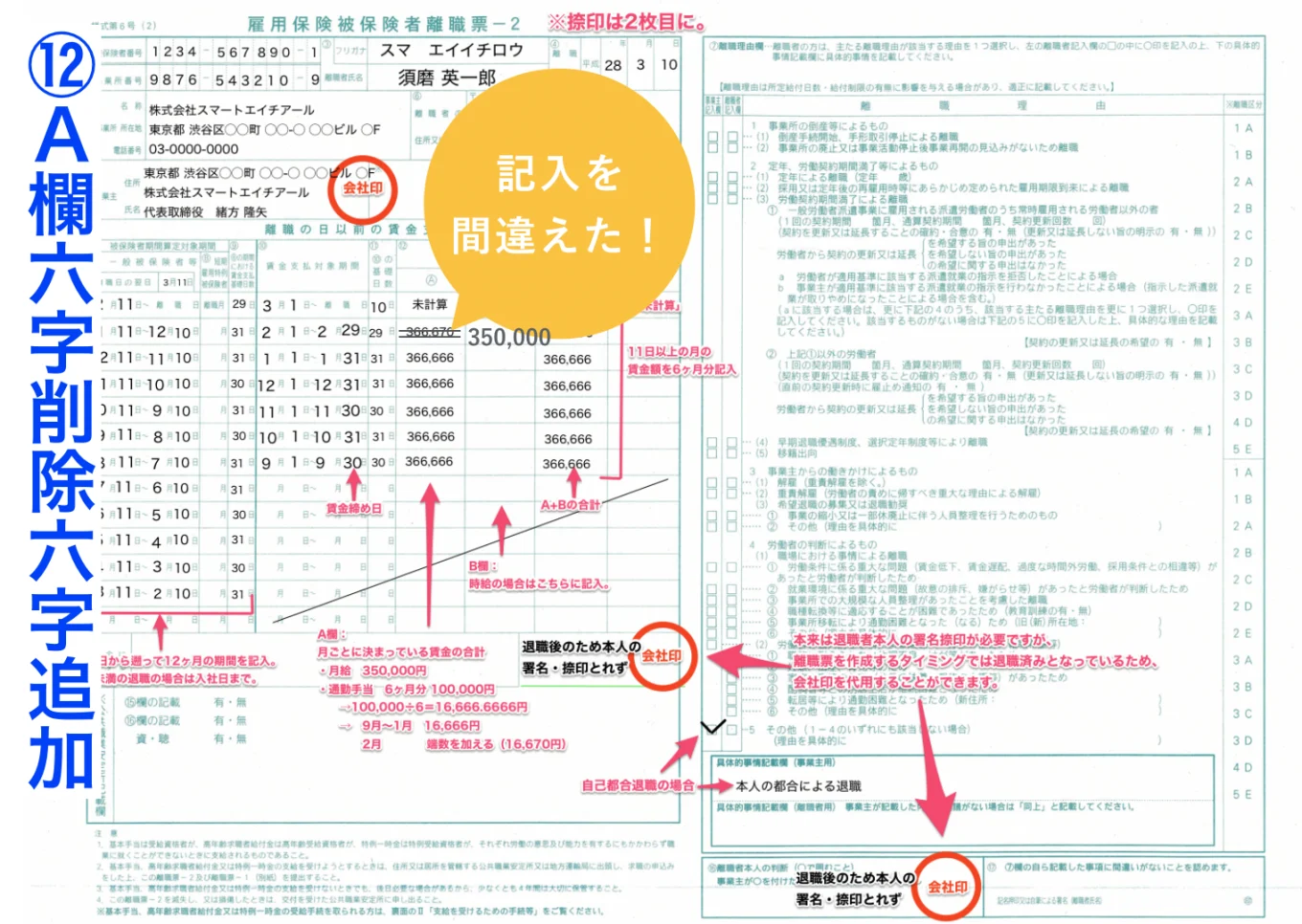 紙の離職証明書の記載例。書き損じをしてしまった場合、「A欄欄六字削除六字追加」のような記載が必要。