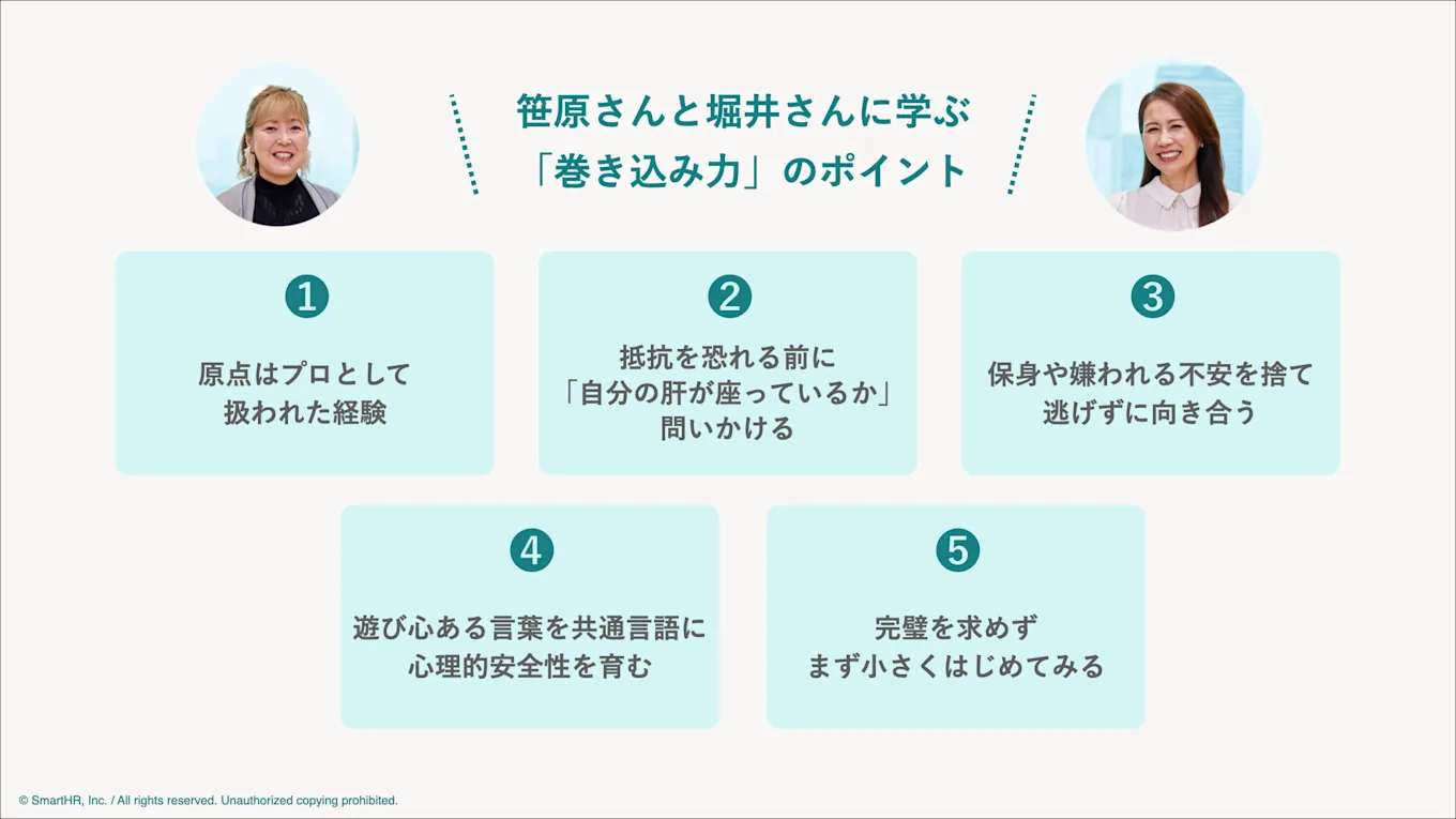 笹原さんと堀井さんに学ぶ巻き込み力のポイント5つをまとめた図