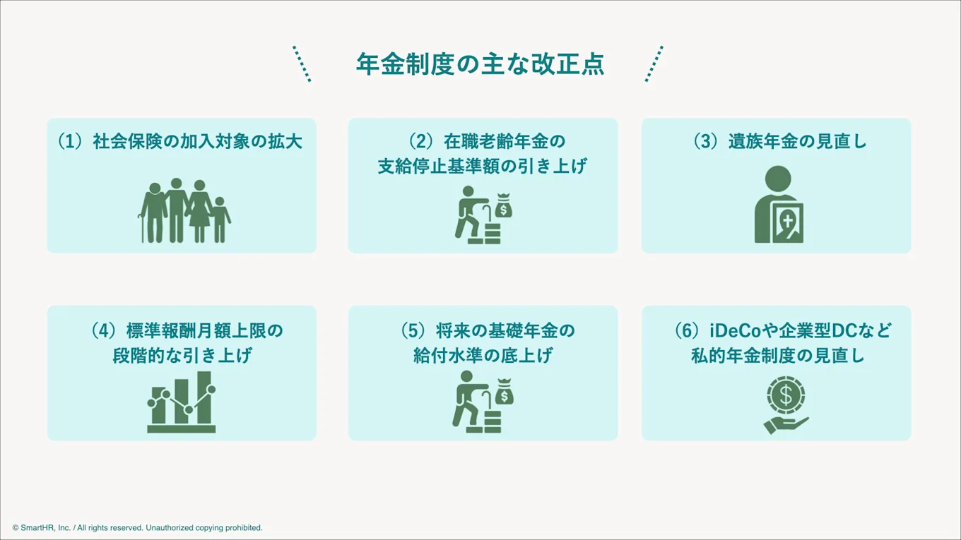今回の改正点は多岐にわたり、一目で重要ポイントを把握するのは困難です。人事・労務担当者が押さえておくべき主な改正点を、6つに絞って解説します。