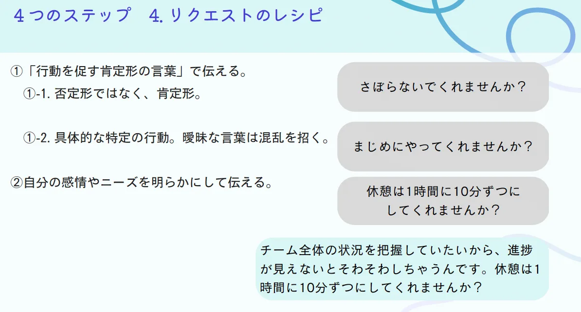 否定形ではなく、行動を促す肯定系の言葉で伝えることがポイント。曖昧な言葉は混乱を招くため、具体的な特定の行動とともに、自分の感情やニーズを明らかにして伝えることも重要だ。