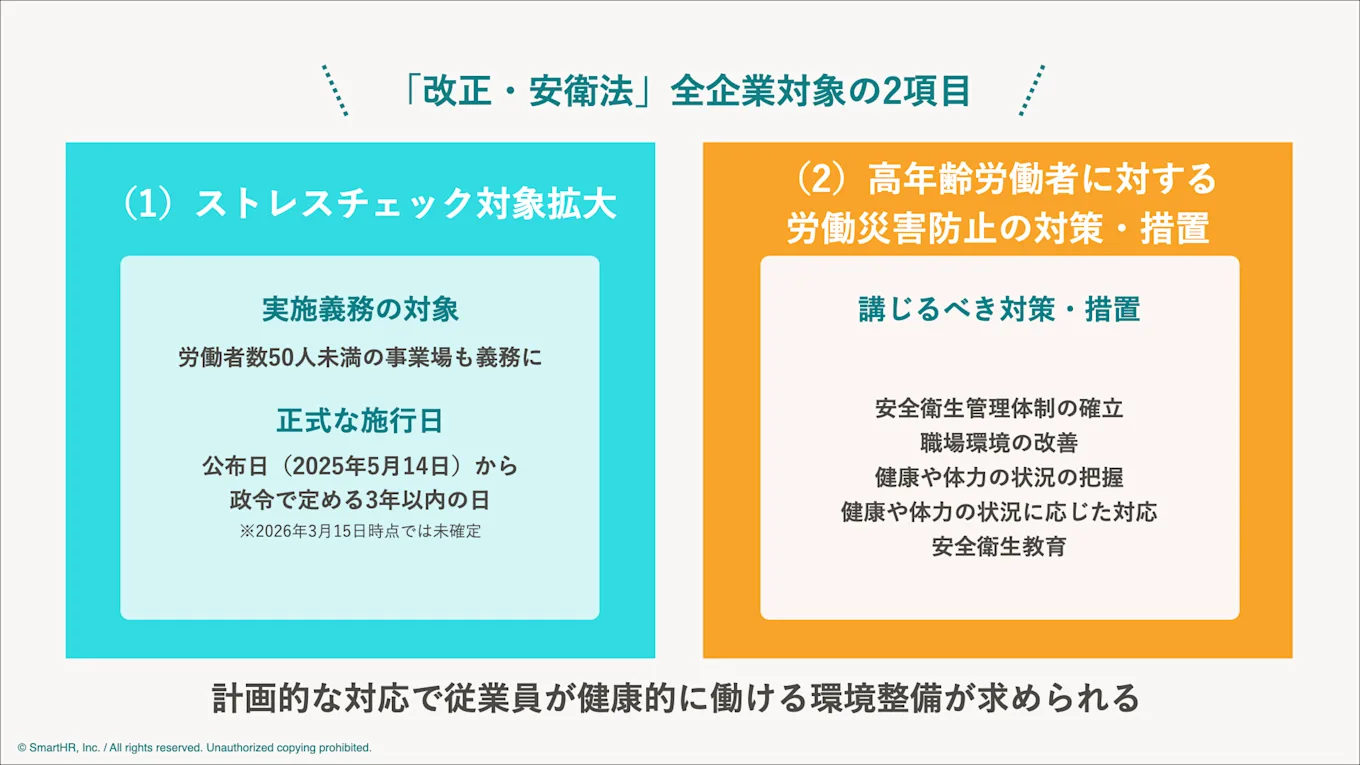 今回の改正で人事・労務担当者が注意するべきは、「ストレスチェックの対象拡大」と「高年齢労働者対策」という全企業に影響する2項目になります。