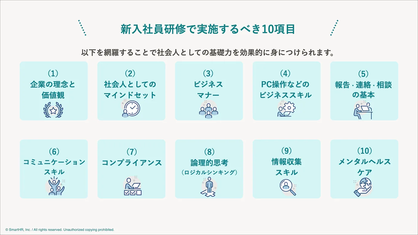 「（1）企業の理念と価値観、（2）社会人としてのマインドセット、（3）ビジネスマナー、（4）ビジネススキル、（5）報告・連絡・相談、（6）コミュニケーション力、（7）コンプライアンス、（8）論理的思考、（9）情報収集力、（10）メンタルヘルスケア」の10項目が新入社員研修で実施するべき内容です