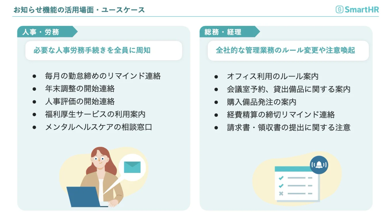 人事・労務と総務・経理におけるお知らせ機能のユースケースの解説図