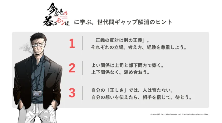 石澤課長のイラストと、世代間ギャップ解消のヒントを3つ示すスライド