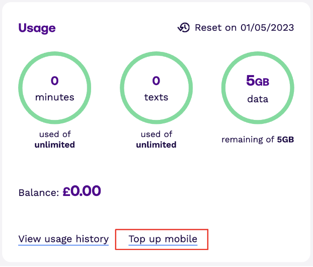 screenshot showing how to top up mobile on budget control mobile