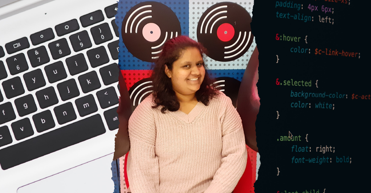 Three photos: a keyboard, a headshot of Juno College Bootcamp Grad Paridhi Shah, and code on a computer