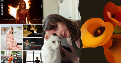 Three photos: a screenshot of Celine Dion's website, a selfie of Laura and a cute white cat, and Laura's CSS art  of orange lilies.