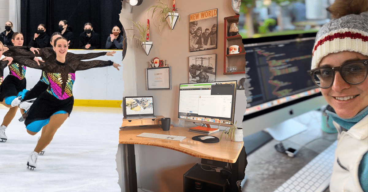 Three photos: Carlie figure skating with a group, Carlie's beautiful standing desk coding setup, and a selfie of Carlie working at her computer outside with a tuque and vest