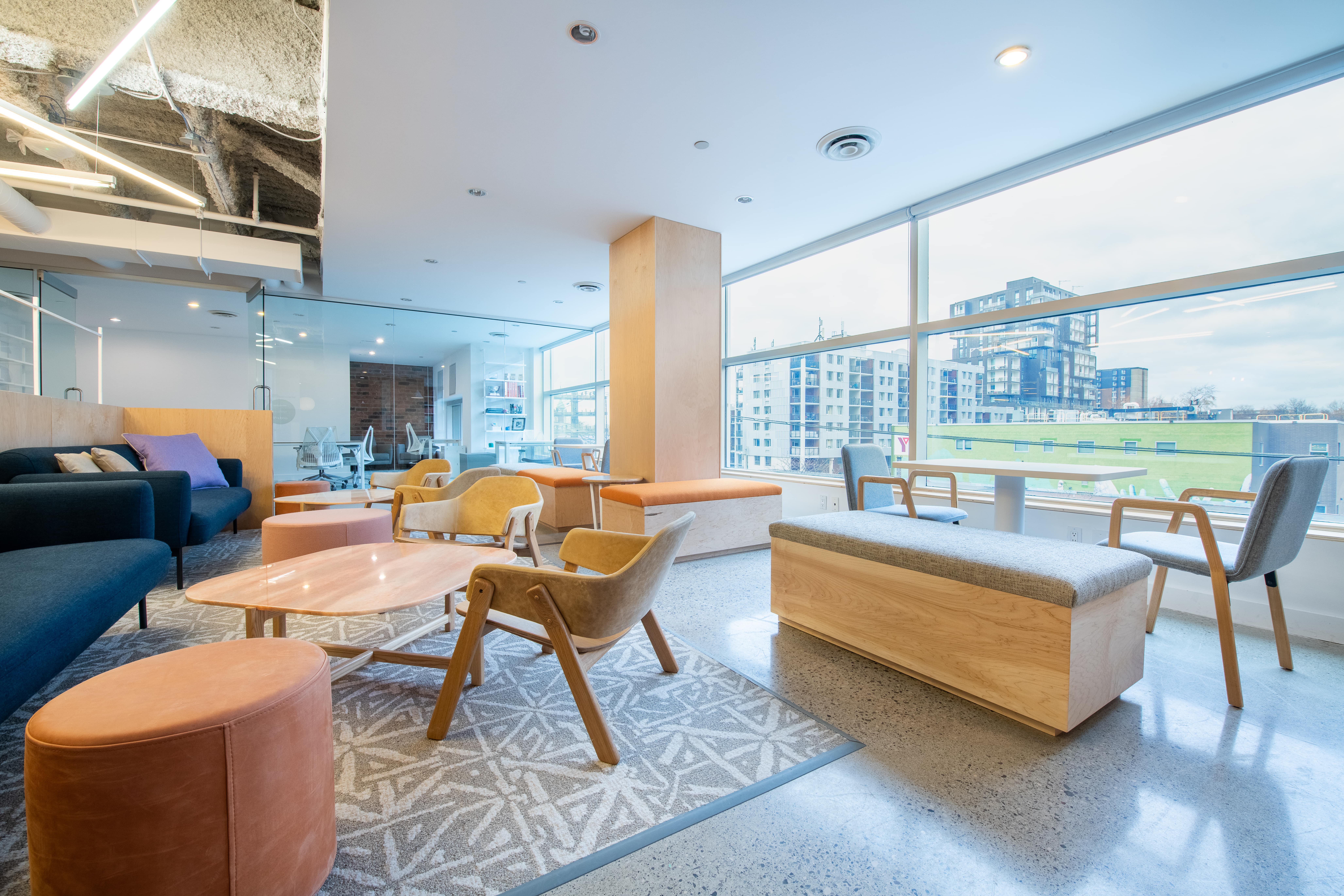 Full view of Juno's new downtown Toronto campus lounge and break room.